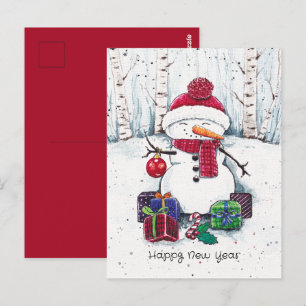 Carte postale aquarelle Bonhomme de neige avec cad