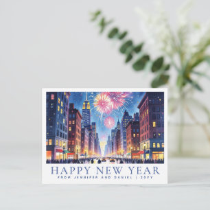 Carte Postale Aquarelle Bonne Année Feux d'Artifice de New York