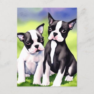 Carte Postale Aquarelle Boston Terrier Puppies