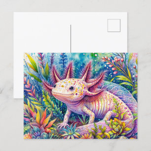Carte Postale Aquarelle botanique colorée Axolotl