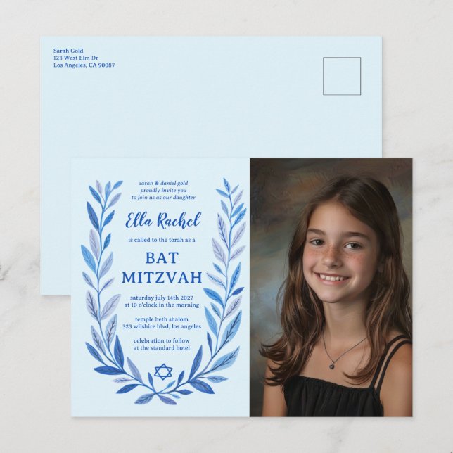 Carte Postale Aquarelle botanique CUSTOM PHOTO Bat Bar Mitzvah (Devant / Derrière)