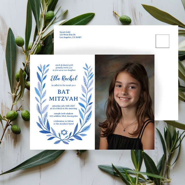 Carte Postale Aquarelle botanique CUSTOM PHOTO Bat Bar Mitzvah (Botanical Watercolor CUSTOM PHOTO Bat Bar Mitzvah Postcard Invitation
)