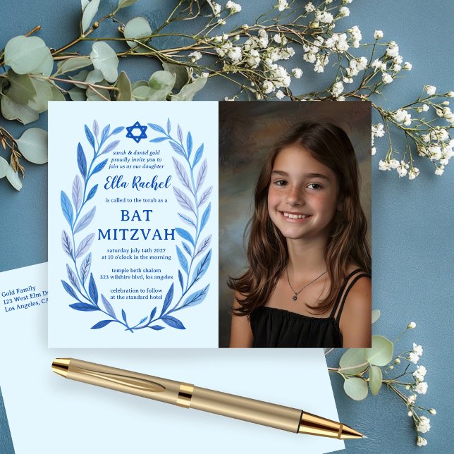 Carte Postale Aquarelle botanique CUSTOM PHOTO Bat Bar Mitzvah (Botanical Watercolor CUSTOM PHOTO Bat Bar Mitzvah Invitation Postcard
)