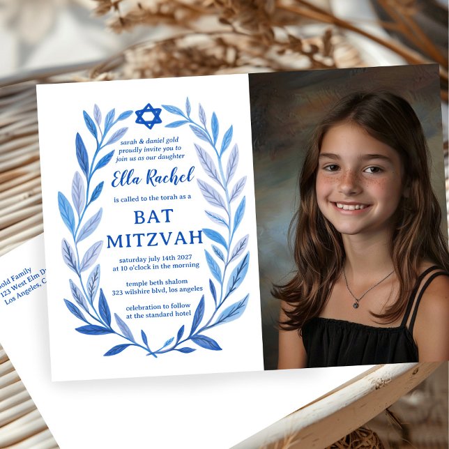 Carte Postale Aquarelle botanique CUSTOM PHOTO Bat Bar Mitzvah (Botanical Watercolor CUSTOM PHOTO Bat Bar Mitzvah Postcard
)