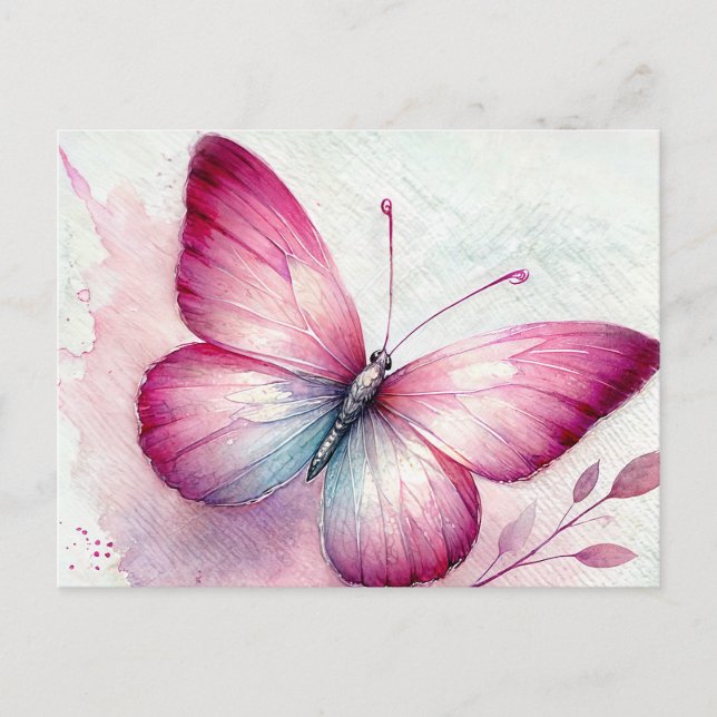 Carte Postale Aquarelle botanique Papillon rose (Devant)