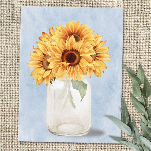 Carte Postale Aquarelle Bouquet de tournesol rustique dans Mason (In situ)