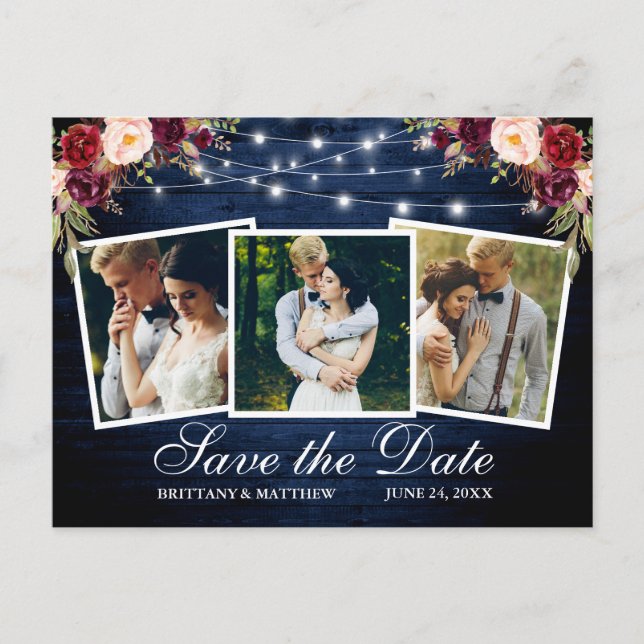 Carte Postale Aquarelle Bourgogne Floral Bleu Bois 3 Photo (Devant)