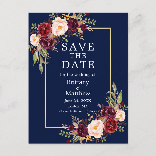 Carte Postale Aquarelle Bourgogne Rose Bleu Or Enregistrer la da (Devant)