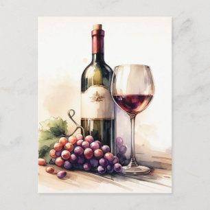 Carte Postale Aquarelle Bouteille de vin et raisins