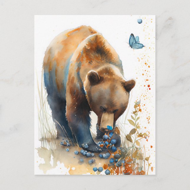 Carte Postale Aquarelle Brown Ours Manger Blueberries (Devant)