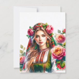 Carte Postale Aquarelle Bulgare Roses & Folk Femme Ethnique