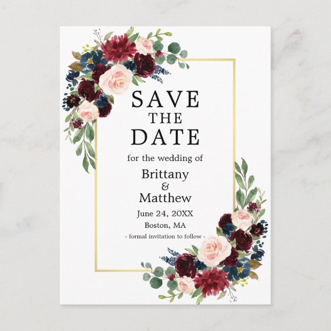 Carte Postale Aquarelle Burgundy Bleu Floral Or Enregistrer la d (Devant)