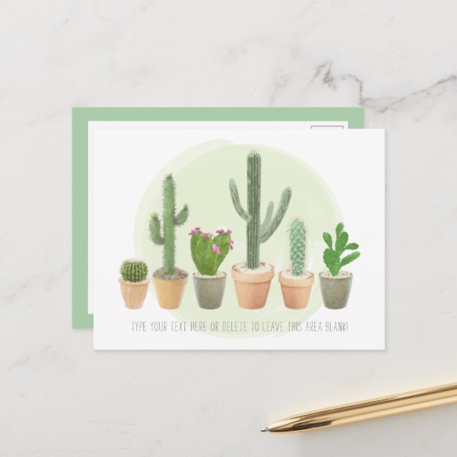 Carte Postale Aquarelle Cactus Jolies Plantes en Pot Note (Devant/Arrière en situation)