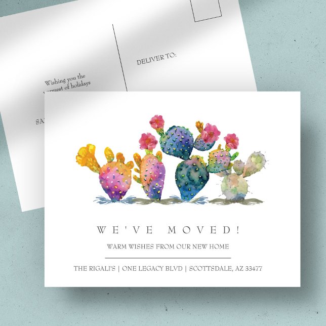 Carte Postale Aquarelle Cactus Nouvelle maison Faire-part mobile (Moving announcement postcards watercolor cactus)