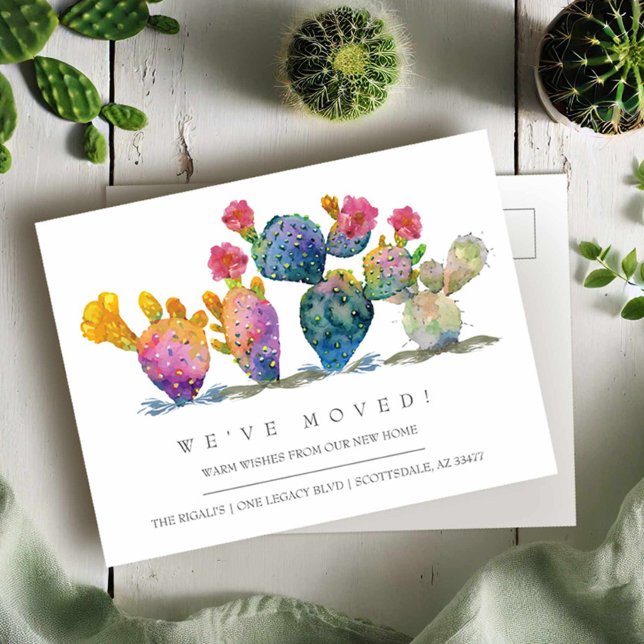 Carte Postale Aquarelle Cactus Nouvelle maison Faire-part mobile (Moving announcement postcards watercolor cactus by Victoria Grigaliunas)