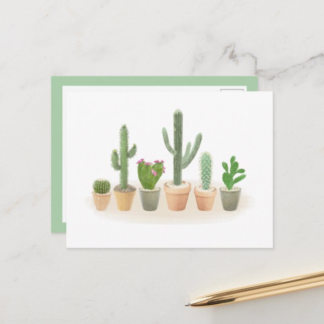 Carte Postale Aquarelle Cactus Planter Cute Cactus Note de ligne (Devant/Arrière en situation)