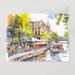 Carte Postale Aquarelle Café sur la rivière Spree à Berlin Mitte