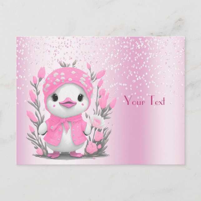 Carte postale aquarelle canard fleurs roses (Devant)