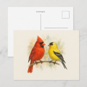 Carte Postale Aquarelle Cardinal et Chardonneret Minimaliste