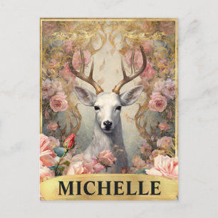 Carte Postale Aquarelle Cerf Blanc Vintage et Roses Roses