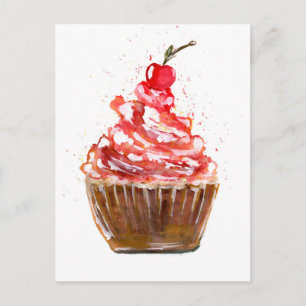 Carte Postale Aquarelle Cerise Cupcake
