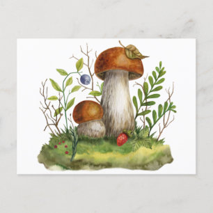 Carte Postale Aquarelle Champignons et Baies de la Forêt Sauvage