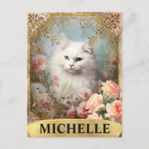 Carte Postale Aquarelle Chat Blanc Vintage et Roses Roses