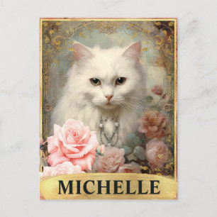 Carte Postale Aquarelle Chat Blanc Vintage et Roses Roses