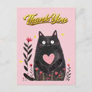 Carte Postale Aquarelle Chat Noir Floral avec Cœur Merci