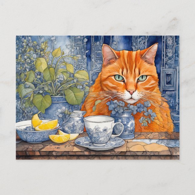 Carte Postale Aquarelle Chat orange avec thé au citron (Devant)