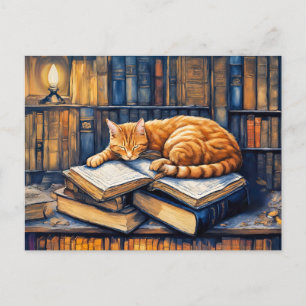 Carte Postale Aquarelle Chat orange dormant sur des livres