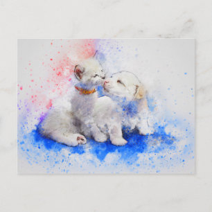 Carte Postale Aquarelle chatte chien Aimer tendresse