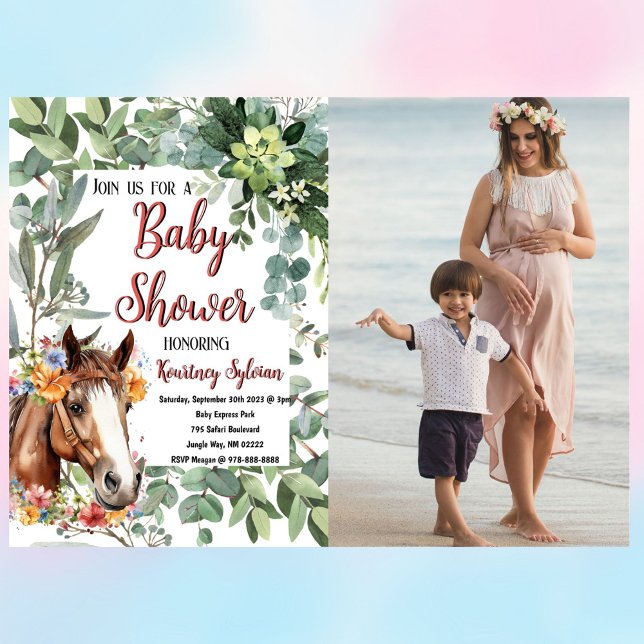 Carte Postale Aquarelle Cheval Floral Personnalisé Photo Baby Sh (Horse baby shower watercolor post card, celebrate your baby shower in style!)