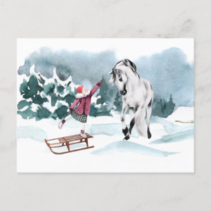 Carte Postale Aquarelle Cheval neige hiver avec fille 