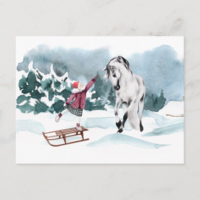 Carte Postale Aquarelle Cheval neige hiver avec fille (Devant)