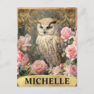 Carte Postale Aquarelle Chouette blanche Vintage et roses roses 