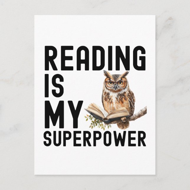 Carte Postale Aquarelle Chouette ver de livre Lecture dire (Devant)