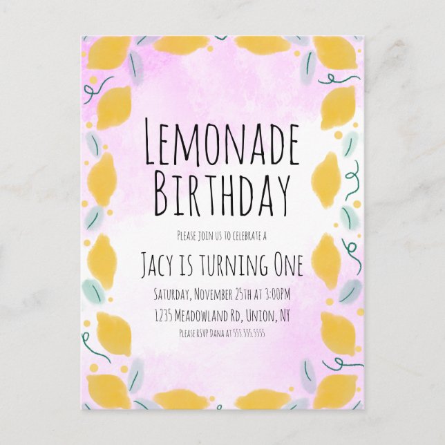 Carte Postale Aquarelle Citron Anniversaire Rose Jaune Bordure A (Devant)
