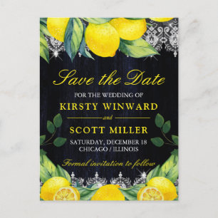 Carte Postale Aquarelle Citron Bleu Marine Bois Save the Date