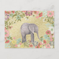 Aquarelle classique Eléphant Flore Cadre Or Huile