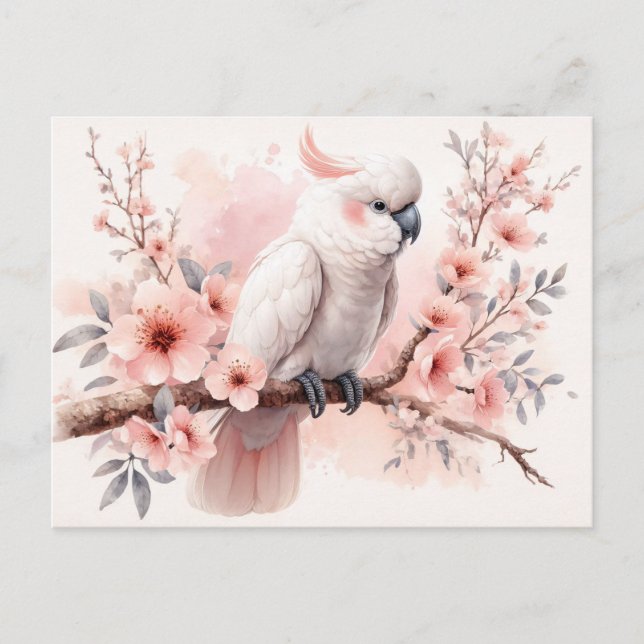 Carte Postale Aquarelle Cockatoo et Fleurs roses (Devant)