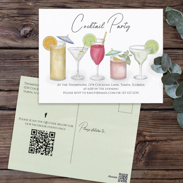 Carte Postale Aquarelle Cocktail Boissons QR Code Social Media (Créateur téléchargé)