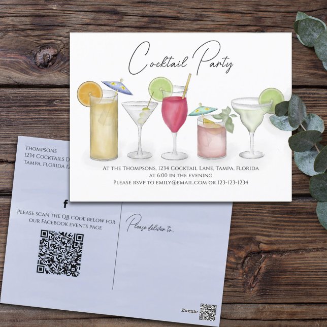 Carte Postale Aquarelle Cocktail Boissons QR Code Social Media (Créateur téléchargé)