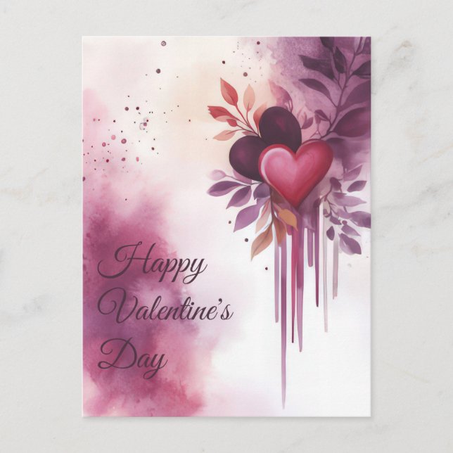 Carte Postale Aquarelle Coeurs et fleurs Salutation de Valentine (Devant)