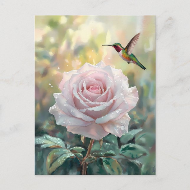 Carte Postale Aquarelle Colibri et rose (Devant)