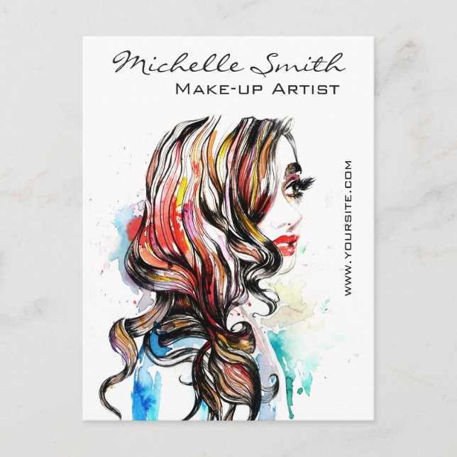 Carte Postale Aquarelle coloré coiffure ondulé maquillage cheveu (Devant)