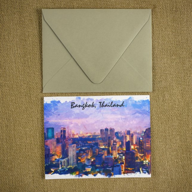 Carte Postale Aquarelle colorée Bangkok Thaïlande Cityscape (bangkok Thailand Asia watercolor postcard)