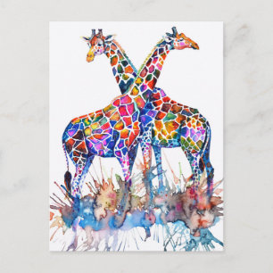 Carte Postale Aquarelle colorée Giraffes arc-en-ciel