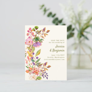 Carte Postale Aquarelle colorée Mariage floral Enregistrer la da