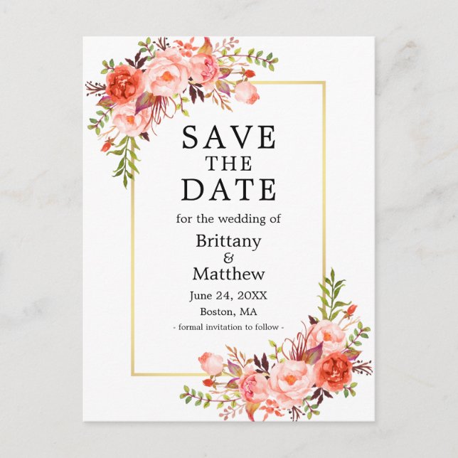 Carte Postale Aquarelle Coral Rose Gold Frame Enregistrer La Dat (Devant)